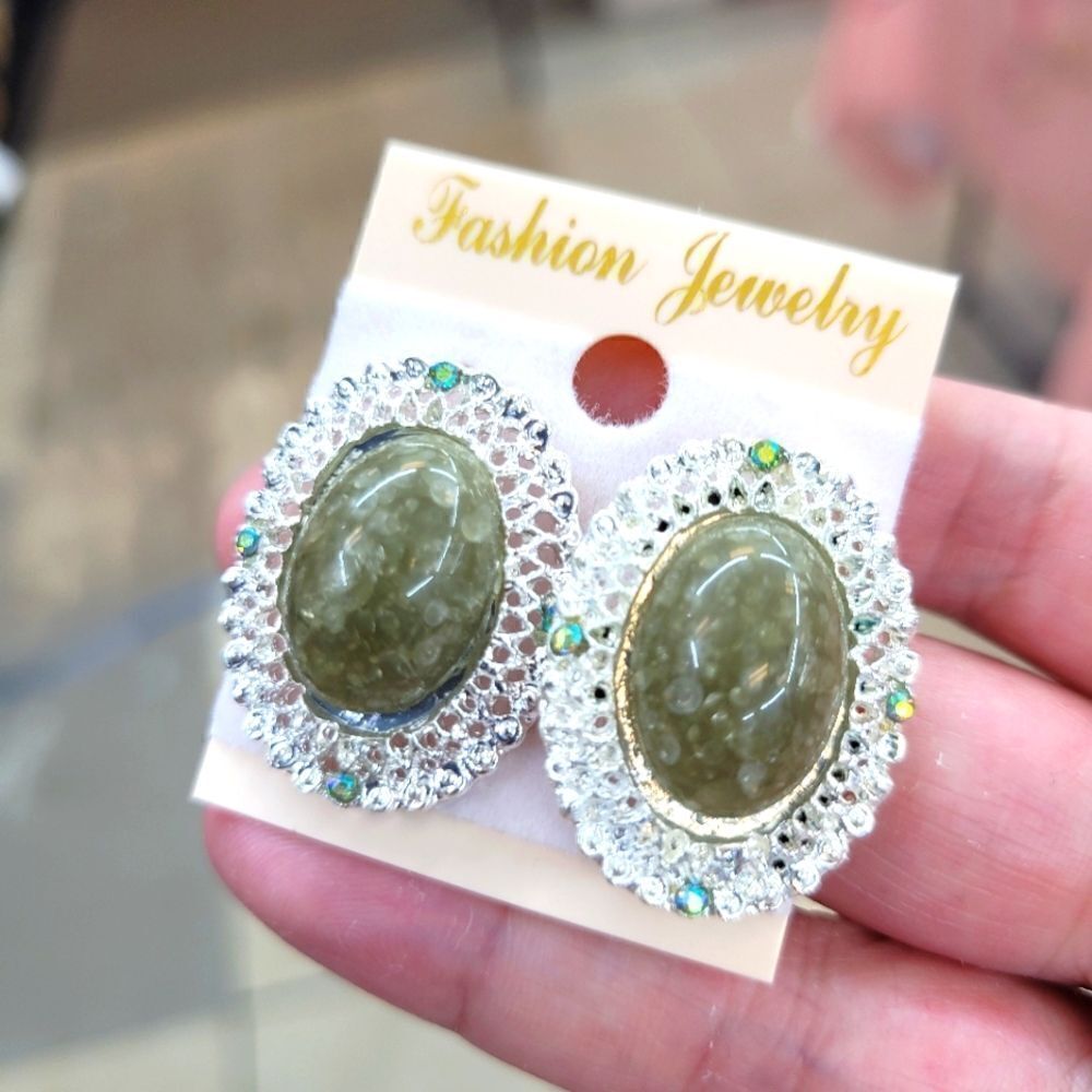 Brand New Green Stone With Silver Rhinestone Earrings